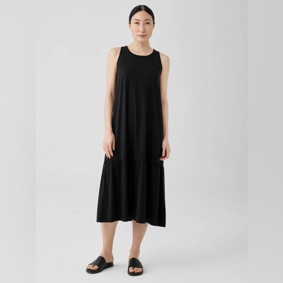 Eileen Fisher Womens Fine Jersey Tiered Hem Dress Size Small Black Tencel - Picture 1 of 9